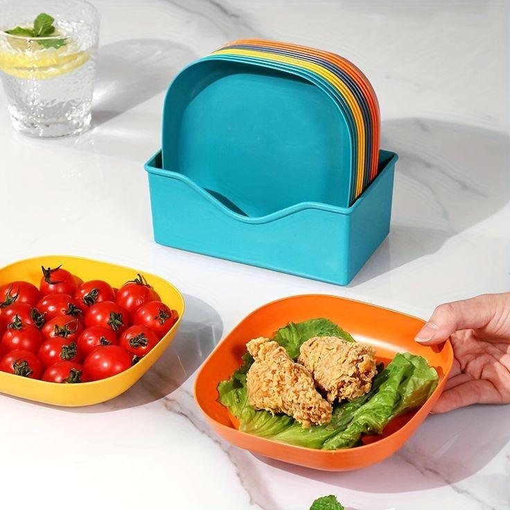 10 Pcs Plastic Plates With Stand, Multi-function Dish,Square Lightweight