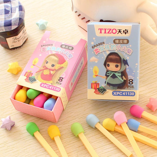 A Box Matchstick shape Cute Kawaii Matches Eraser Lovely Colored Eraser for Kids
