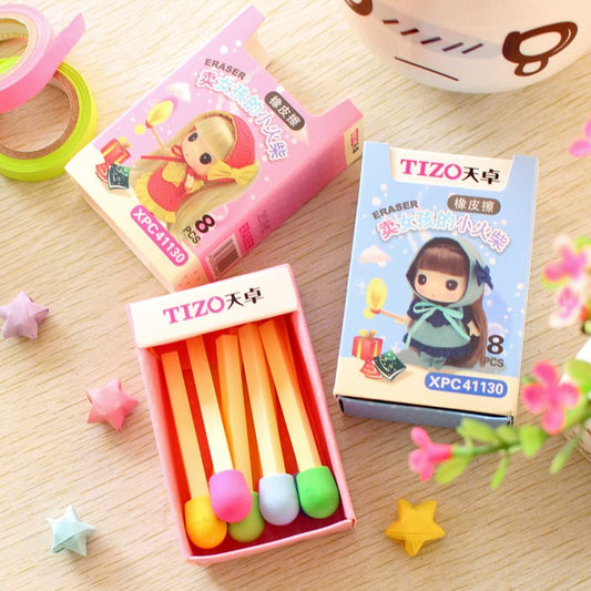 A Box Matchstick shape Cute Kawaii Matches Eraser Lovely Colored Eraser for Kids