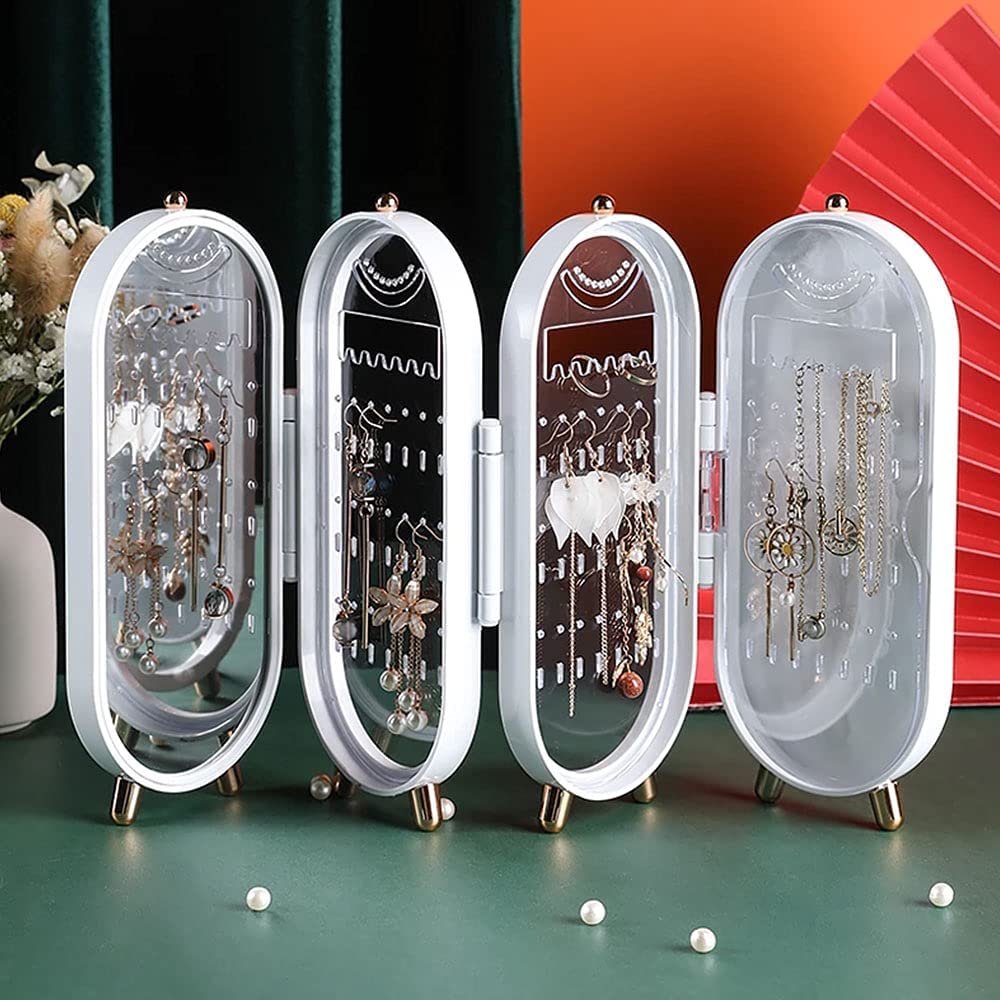 Jewellery Box Organiser With Mirror – Foldable Exquisite Dustproof Jewelry Storage Case Multi-function Screen Shaped Metal Display Jewelry Stand For Earring – Necklace & Bracelet (random Color) - LeJa.pk