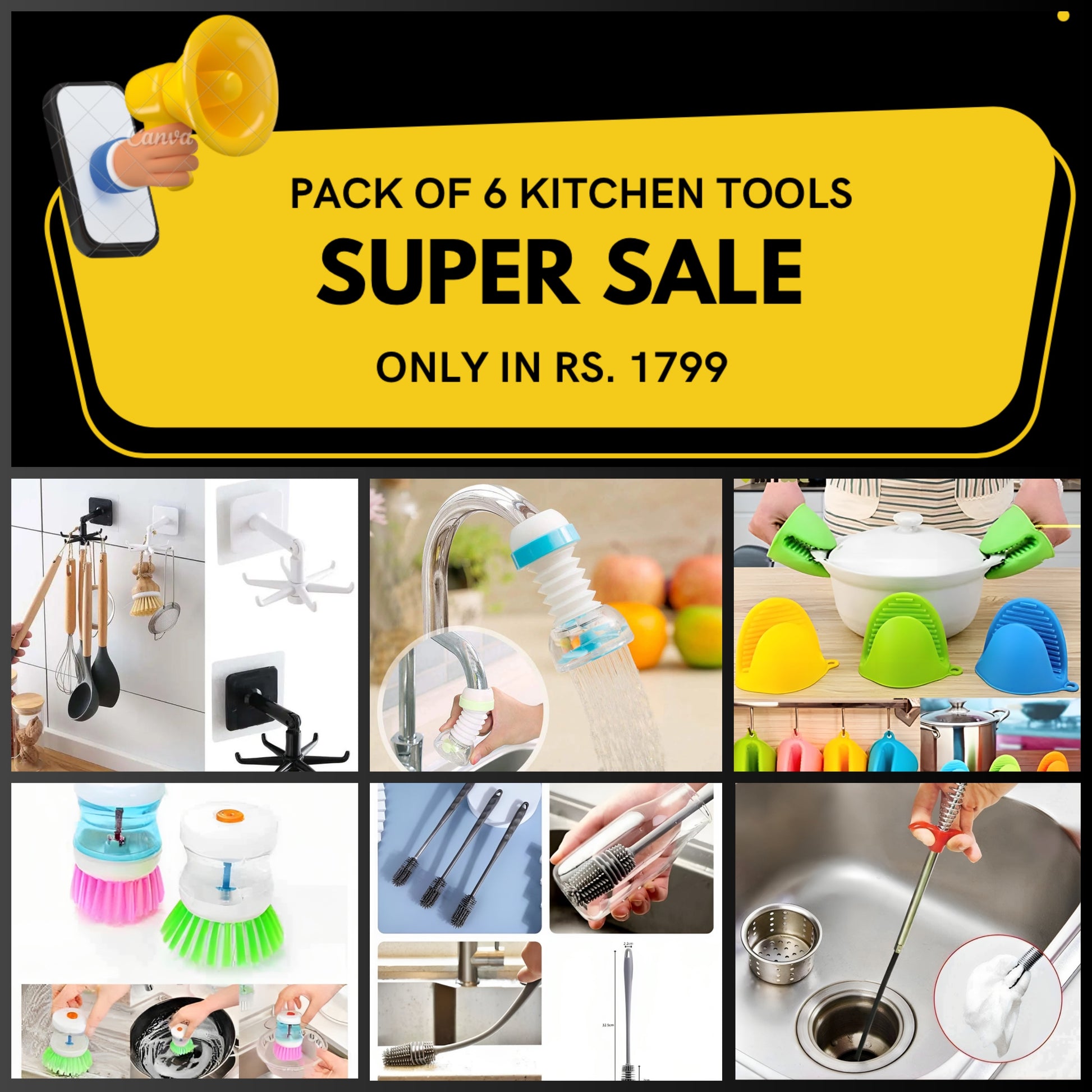 Pack of 6 Kitchen Essential Tools | Rotatable Rack | 360 Shower | Heat Resistant Gloves | Dish Brush | Sink Cleaner | Bottle Cleaning Brush - LeJa.pk